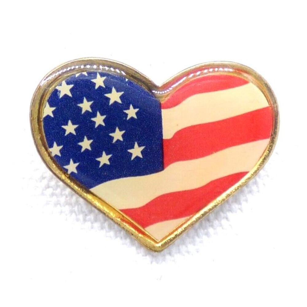 American Flag Heart Brooch Scatter Pin Patriotic USA Gold Tone Metal Vintage